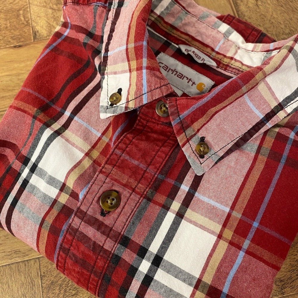 Carhartt Relaxed Fit Button Down Mens Large Short Sleeve Plaid Shirt Red